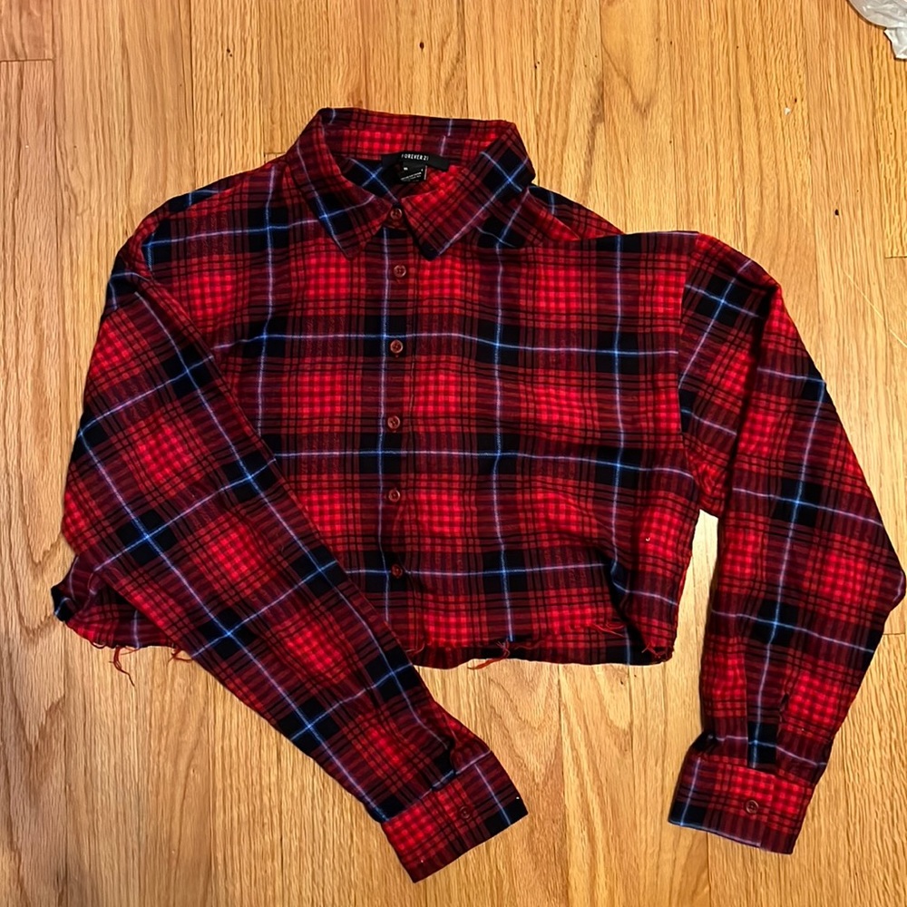 Long Sleeve Red and Blue Plaid Crop Top | Size: Medium